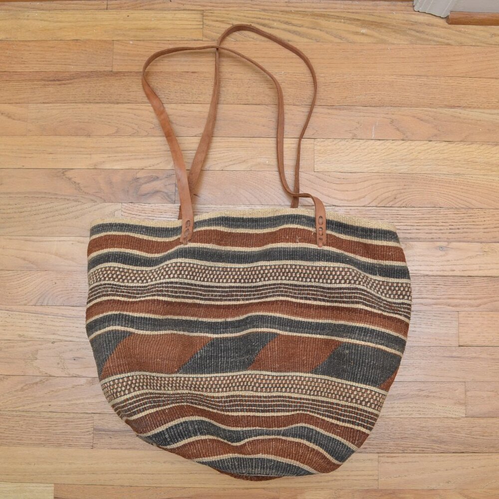 Vintage Sisal Market Leather Tote Woven Bag Ethnic Boho African Large 19x14 - Picture 2 of 7